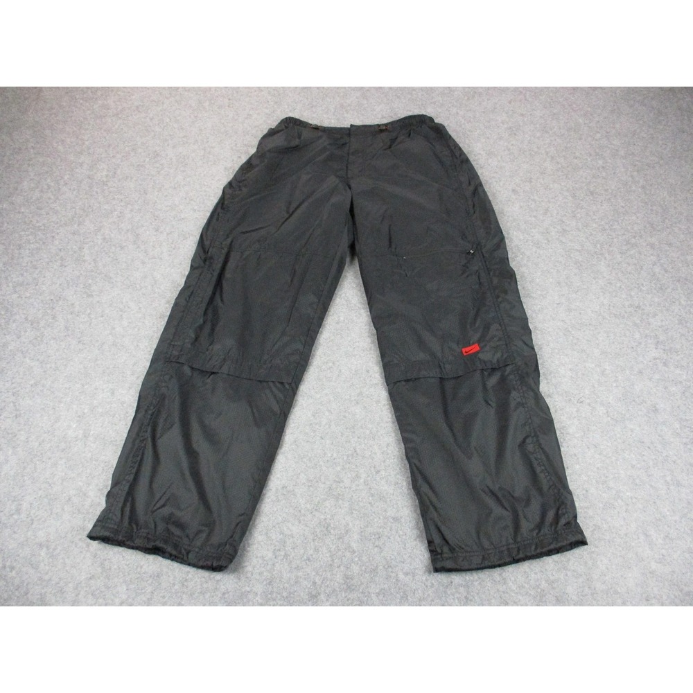 VINTAGE Nike Pants Mens Large Black Red Swoosh Wide Leg Windbreaker Track Y2K